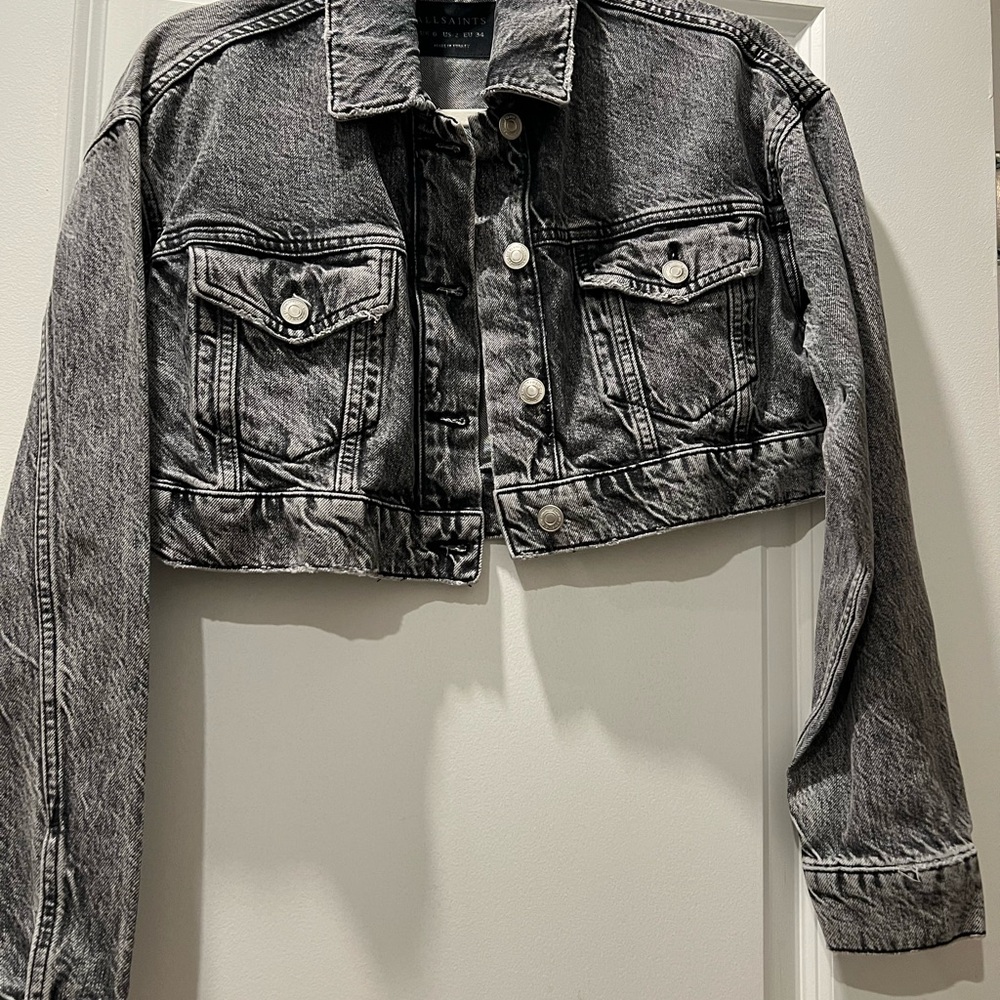 All Saints Black Jean Jacket Cropped Distressed